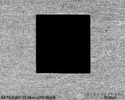 Figure 7 80 µm Square Hole with a 1.34 µm Corner radius thru 25 µm of Molybdenum